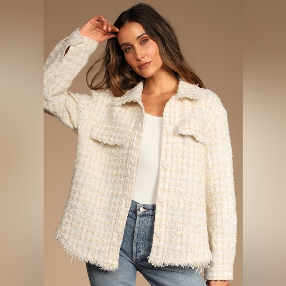 Lulus Jackets & Blazers - Lulus | Oversized "Take Notes" Ivory Plaid Tweed Shacket
